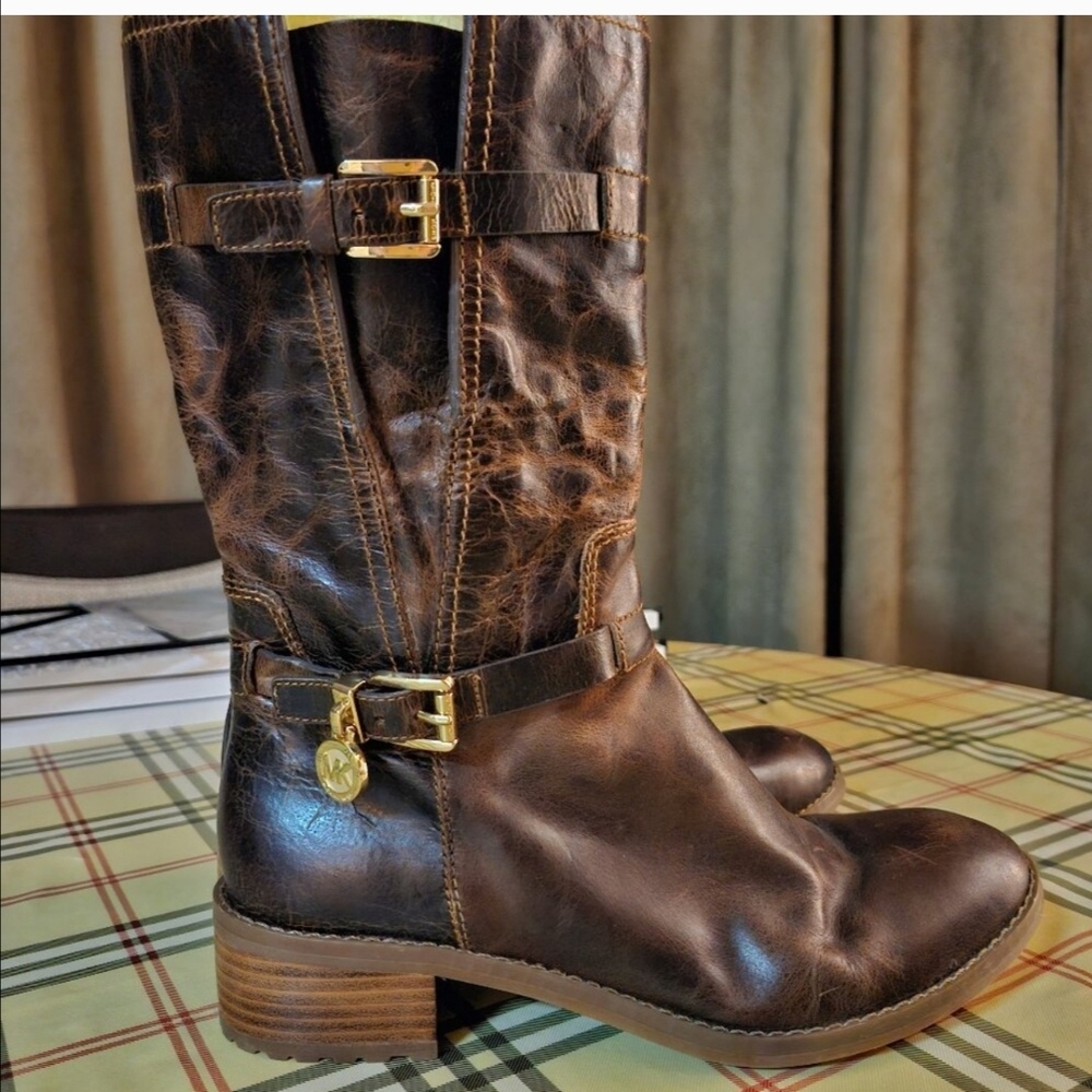 Michael Kors Brown Leather Boots with Gold Accents Size 8M